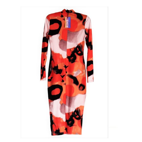 SHEIN SXY Long Bodycon Stretch Dress XS Abstract Halloween Orange Graphic Print - Picture 9 of 9